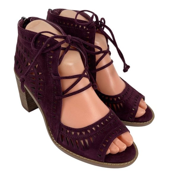 *Vince Camuto Tarita Cut Out Lace Up Burgundy Suede Open Toe Heel Bootie Size 6 - Picture 16 of 16